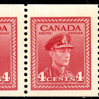 Canada Stamp #254b - King George VI in Army Uniform (1943) 3 x 4¢ Booklet pane of 3 x 4¢ (254bs), (BK 38)