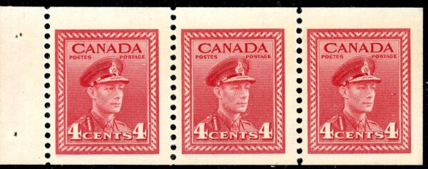 Canada Stamp #254b - King George VI in Army Uniform (1943) 3 x 4¢ Booklet pane of 3 x 4¢ (254bs), (BK 38)