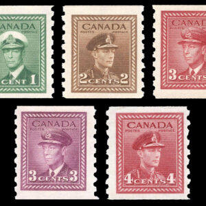 Canada Stamp #263-7 - King George VI War Coil (1942) 1 x 1¢, 1 x 2¢, 2 x 3¢, 1 x 4¢ Set of 5