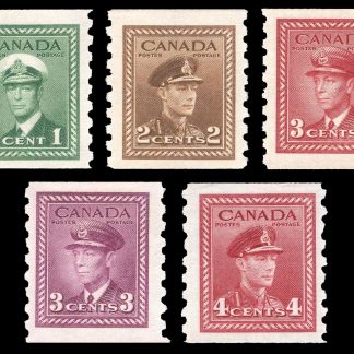 Canada Stamp #263-7 - King George VI War Coil (1942) 1 x 1¢, 1 x 2¢, 2 x 3¢, 1 x 4¢ Set of 5