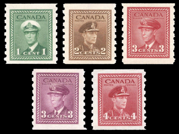 Canada Stamp #263-7 - King George VI War Coil (1942) 1 x 1¢, 1 x 2¢, 2 x 3¢, 1 x 4¢ Set of 5