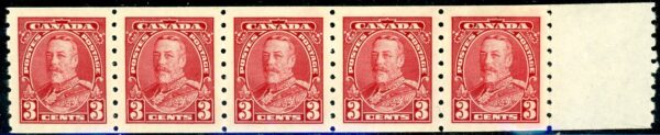 Canada Stamp #230i - King George V (1935) 5 x 3¢ end strip of 5 VF-MNH