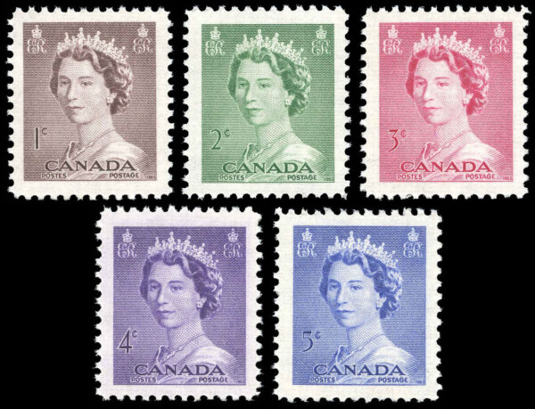 Canada Stamp #325-9 - Queen Elizabeth II (1953) 1 x 1¢, 1 x 2¢, 1 x 3¢, 1x 4¢, 1 x 5¢ Set of 5