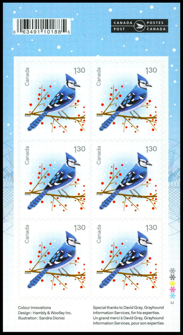 Canada Stamp #3366a - Blue Jay (2022) 6 x $1.30 Booklet pane of 6 stamps