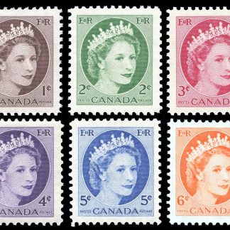 Canada Stamp #337-42 - Queen Elizabeth II Wilding Portrait (1954) 1 x 1¢, 1 x 2¢, 1 x 3¢, 1x 4¢, 1 x 5¢, 1 x 6¢ Set of 6