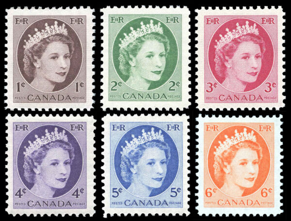 Canada Stamp #337-42 - Queen Elizabeth II Wilding Portrait (1954) 1 x 1¢, 1 x 2¢, 1 x 3¢, 1x 4¢, 1 x 5¢, 1 x 6¢ Set of 6
