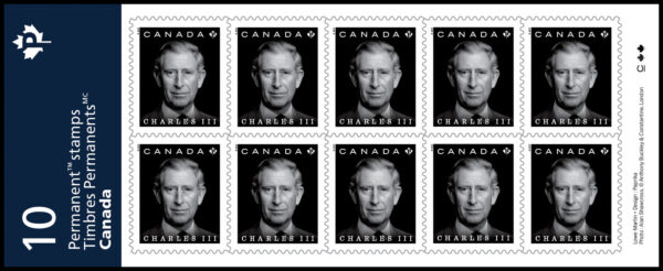 Canada Stamp #3381a - His Majesty King Charles III (2023) 10 x P (92¢) Booklet pane of 10 stamps