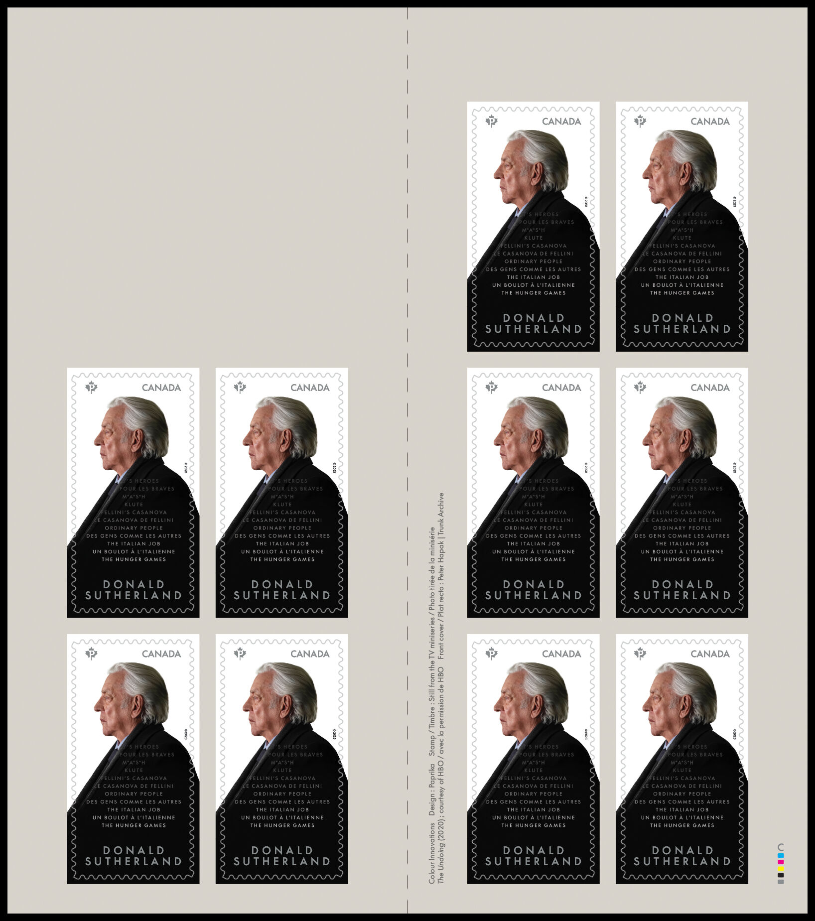 Canada Stamp #3401a - Donald Sutherland (2023) 10 x P (92¢) Booklet pane of 10 stamps