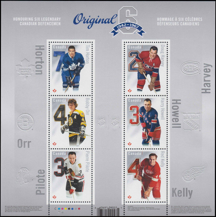 Canada Stamp #2786 - Original Six (2014) $5.10 Souvenir sheet of 6 stamps (2786a, 2786b, 2786c, 2786d, 2786e, 2786f)