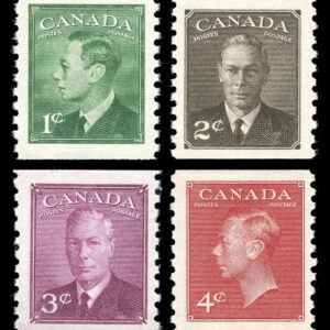 Canada Stamp #297-300 - King George VI with "POSTES-POSTAGE" 1950 Coil (1950) 1 x 1¢, 1 x 2¢, 1 x 3¢, 1 x 4¢ Set of 4