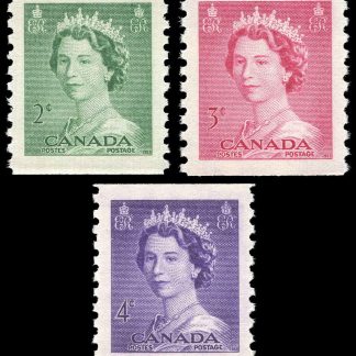 Canada Stamp #331-3 - Queen Elizabeth II Karsh Portrait Coil (1953) 1 x 2¢, 1 x 3¢, 1x 4¢ Set of 3