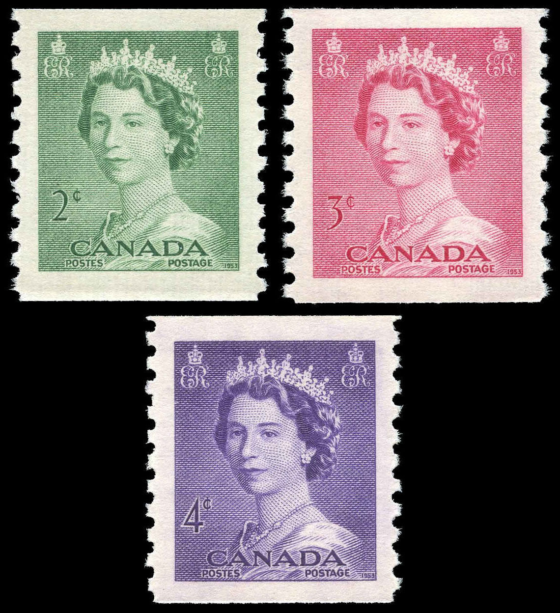 Canada Stamp #331-3 - Queen Elizabeth II Karsh Portrait Coil (1953) 1 x 2¢, 1 x 3¢, 1x 4¢ Set of 3