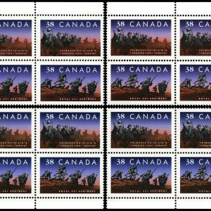 Canada Stamp Plate Block #1250ii (Matched set of 4) - Canadian Infantry Regiments (1989) 4 x 38¢ Very rare plate block with inscriptions.
