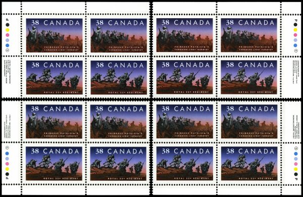 Canada Stamp Plate Block #1250ii (Matched set of 4) - Canadian Infantry Regiments (1989) 4 x 38¢ Very rare plate block with inscriptions.