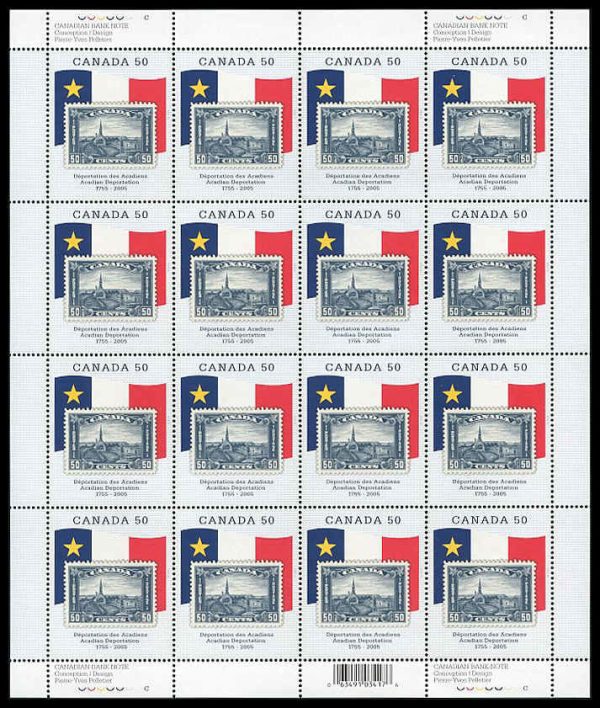 Canada Stamp SHEET#2119 - Grand-Pré stamp of 1930 and Acadian flag (2005) 50¢