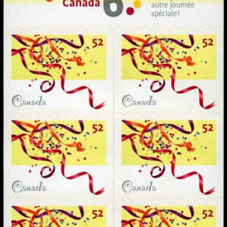 Canada Stamp #2203a - Ribbons and confetti (2007) 6 x 52¢ Booklet pane of 6 stamps (#2203) (BK346)
