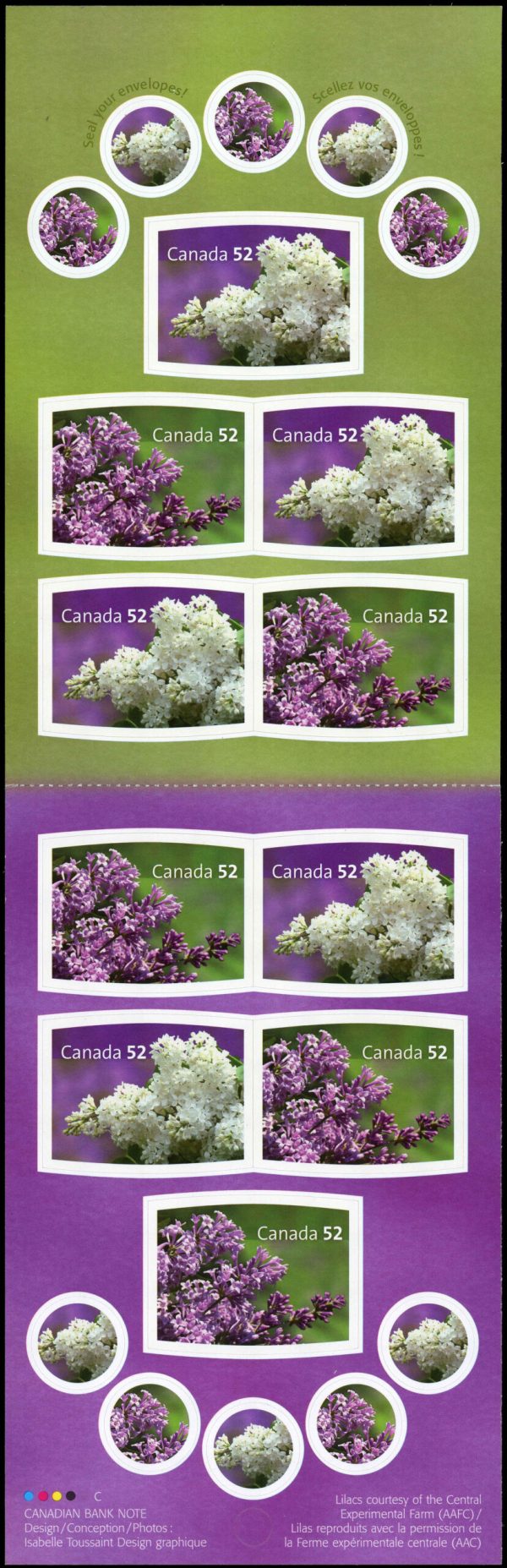 Canada Stamp #2208a - Lilacs (2007) 10 x 52¢ Booklet pane of 10 stamps (5 x (#2207-2208)) (BK347) + 10 stickers