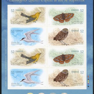 Canada Stamp #2289b - Endangered Species - 3 (2008) 8 x 52¢ Booklet pane of 8 stamps (2 x #2289a) (BK388)