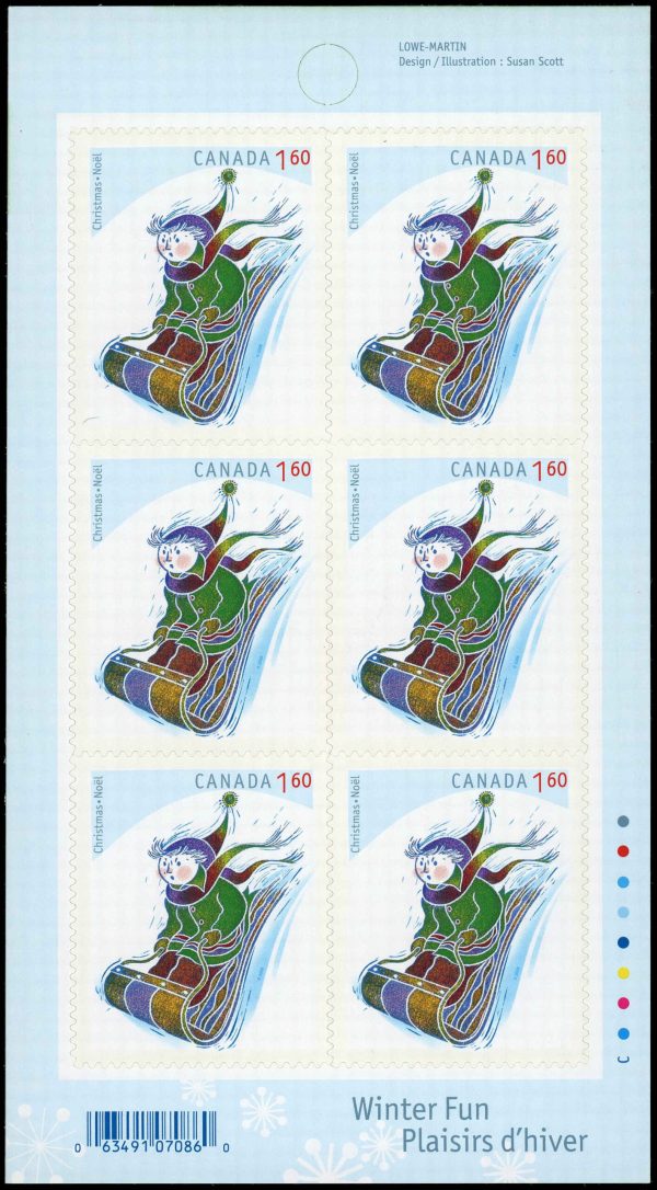 Canada Stamp #2295a - Tobogganing (2008) 6 x $1.60 Booklet pane of 6 stamps (#2295) (BK393)