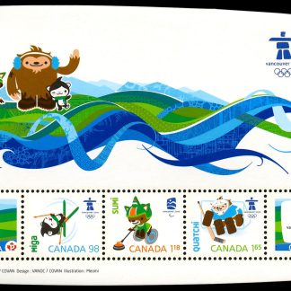 Canada Stamp #2305 - Olympic Emblems and Mascots-Definitives Souvenir Sheet (2009) 2 x (P), 1 x 98¢, 1 x $1.18, 1 x $1.65 Souvenir sheet of 5 stamps