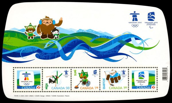Canada Stamp #2305 - Olympic Emblems and Mascots-Definitives Souvenir Sheet (2009) 2 x (P), 1 x 98¢, 1 x $1.18, 1 x $1.65 Souvenir sheet of 5 stamps