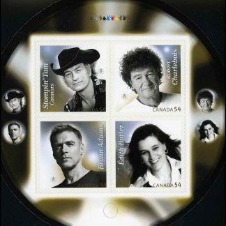 Canada Stamp #2334i - Canadian Recording Artists (2009) 4 x 54¢ Booklet pane of 4 stamps (#2334a-d) (BK405), with Stompin' Tom Connors at upper left
