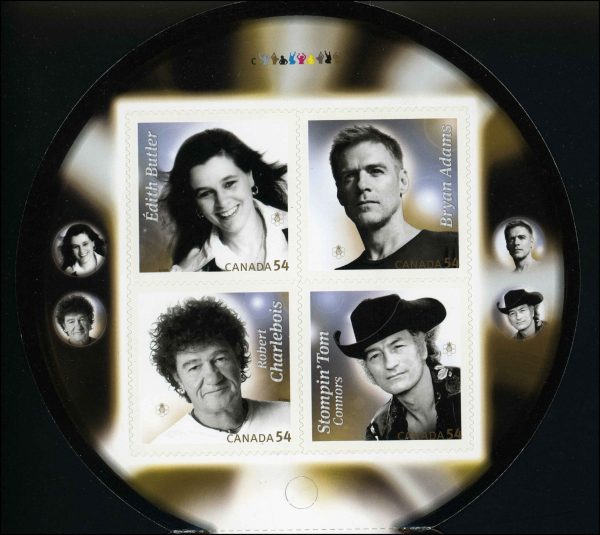 Canada Stamp #2334ii - Canadian Recording Artists (2009) 4 x 54¢ Booklet pane of 4 stamps (#2334a-d) (BK406), with Édith Butler at upper left