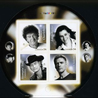 Canada Stamp #2334iii - Canadian Recording Artists (2009) 4 x 54¢ Booklet pane of 4 stamps (#2334a-d) (BK407), with Robert Charlebois at upper left