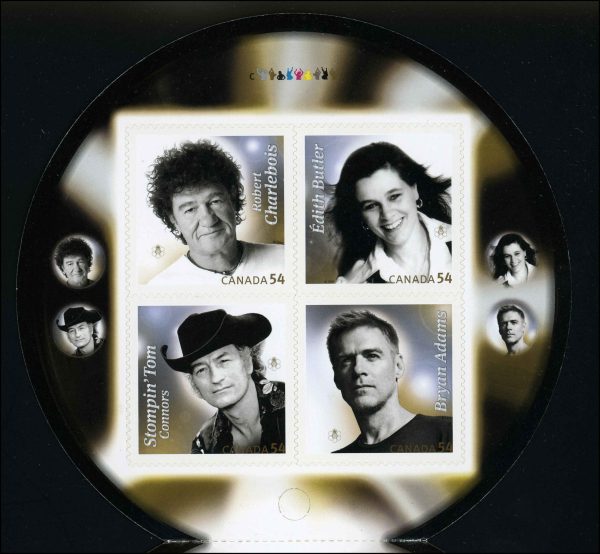 Canada Stamp #2334iii - Canadian Recording Artists (2009) 4 x 54¢ Booklet pane of 4 stamps (#2334a-d) (BK407), with Robert Charlebois at upper left