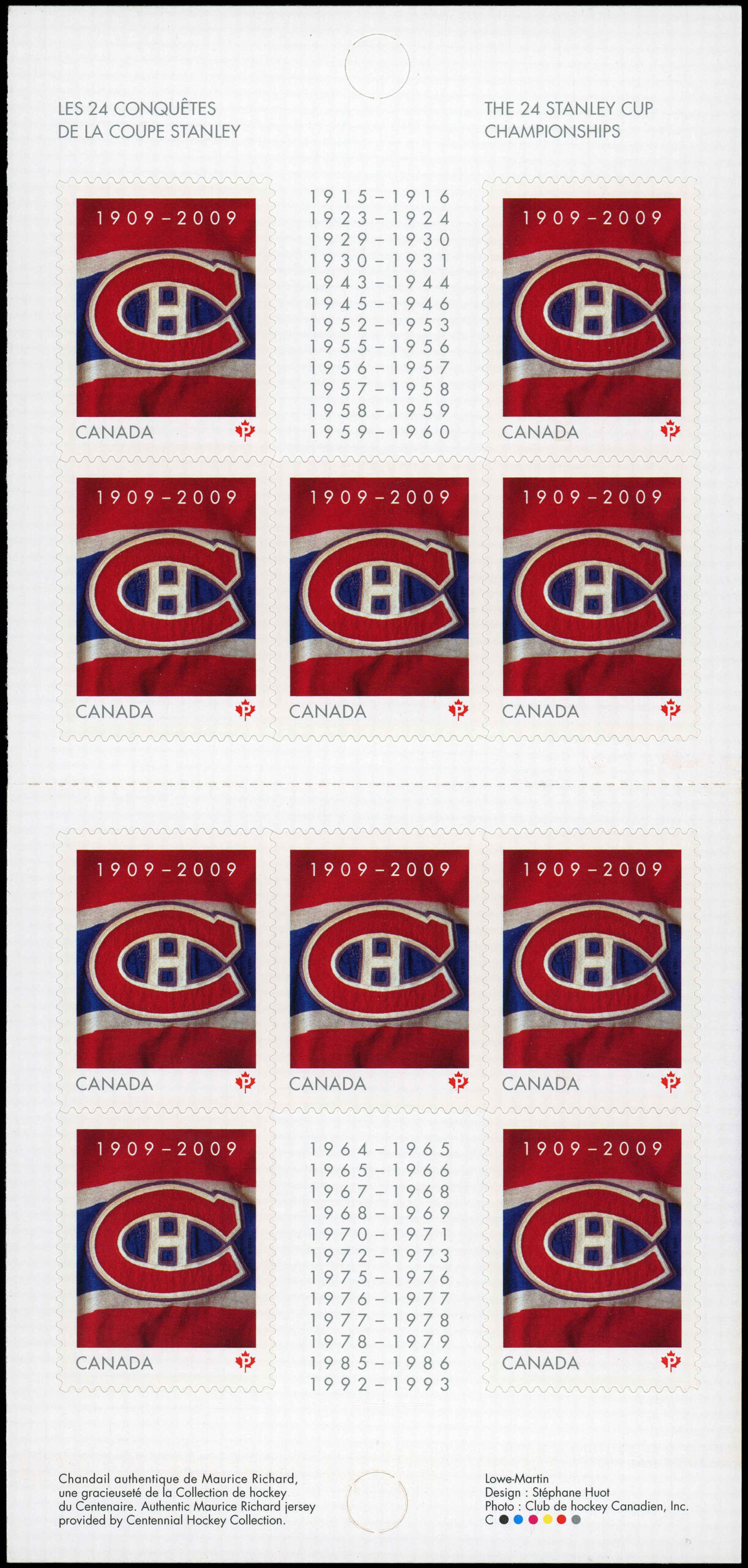 Canada Stamp #2339a - Montreal Canadiens Hockey Jersey (2009) 10 x P (54¢) Booklet pane of 10 stamps (#2339) (BK411)