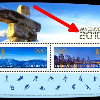 Canada Stamp #2366C - Vancouver 2010 Olympic Winter Games (2010) 2 x 57¢ (Souvenir sheet of 2 stamps with gold "VANCOUVER/2010" overprint)