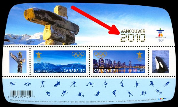 Canada Stamp #2366C - Vancouver 2010 Olympic Winter Games (2010) 2 x 57¢ (Souvenir sheet of 2 stamps with gold "VANCOUVER/2010" overprint)
