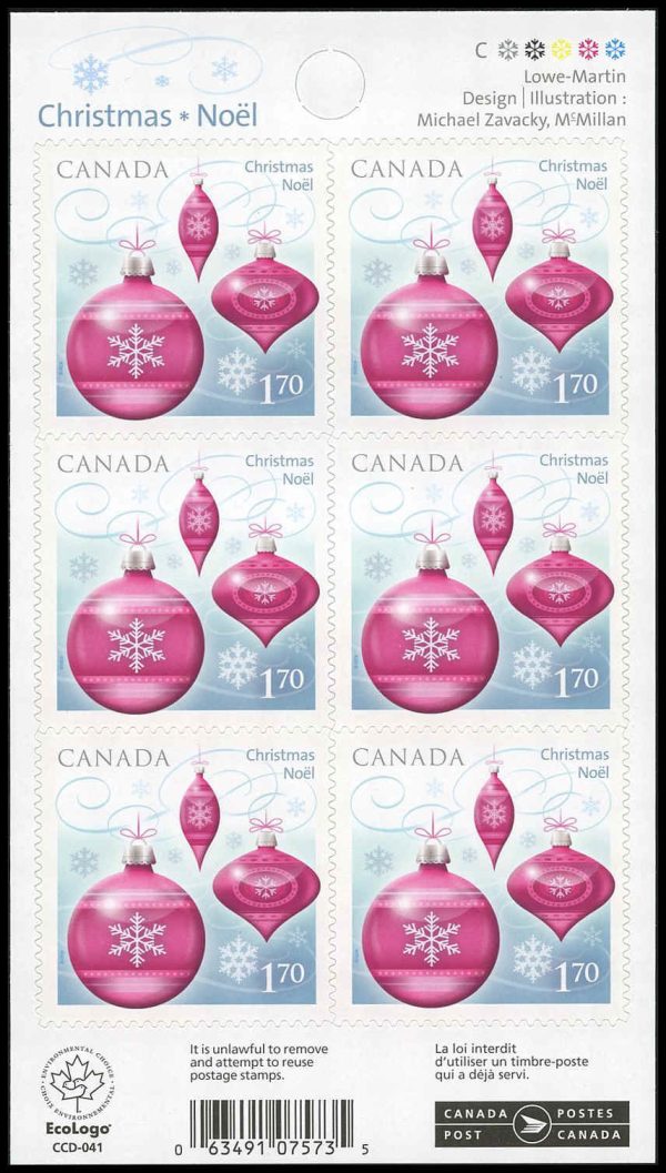 Canada Stamp #2415a - Christmas (Ornaments) (2010) 6 x $1.70 Booklet pane of 6 stamps (#2415) (BK438)