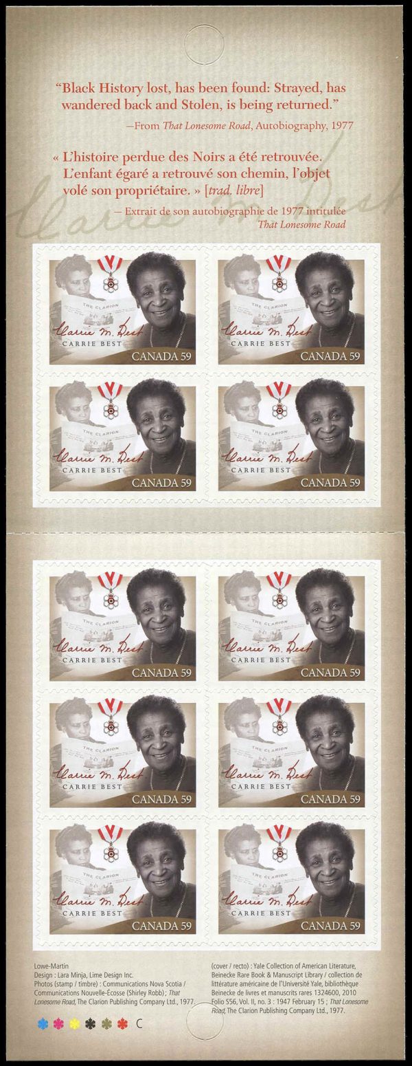 Canada Stamp #2433a - Carrie Best (2011) 10 x 59¢ Booklet pane of 10 stamps (#2433) (BK444)