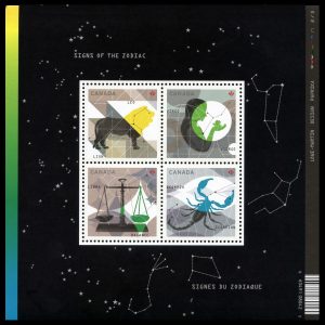Canada Stamp #2446 - Signs of the Zodiac (2012) $2.44 Souvenir sheet of 4