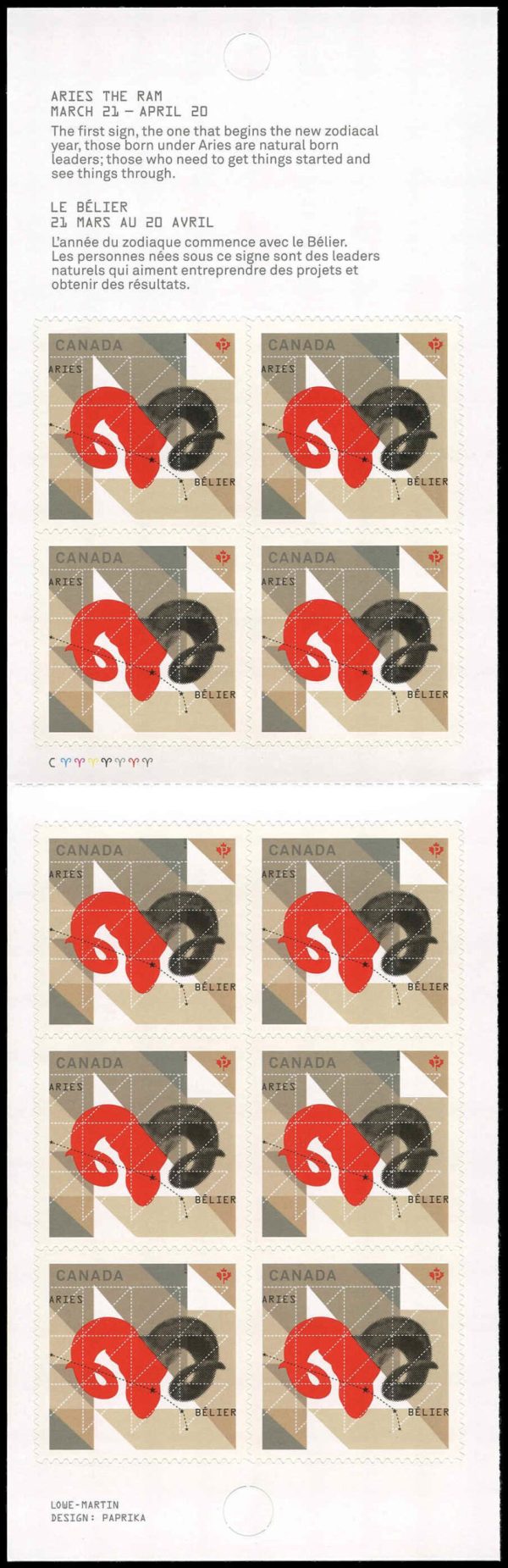 Canada Stamp #2449a - Aries: The Ram (2011) 10 x P (59¢) Booklet pane of 10 stamps (#2449) (BK450)