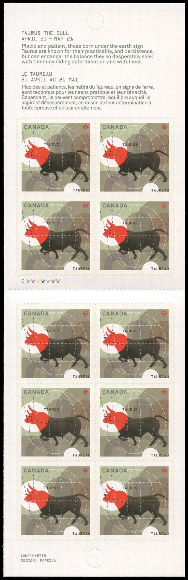 Canada Stamp #2450a - Taurus: The Bull (2011) 10 x P (59¢) Booklet pane of 10 stamps (#2450) (BK451)
