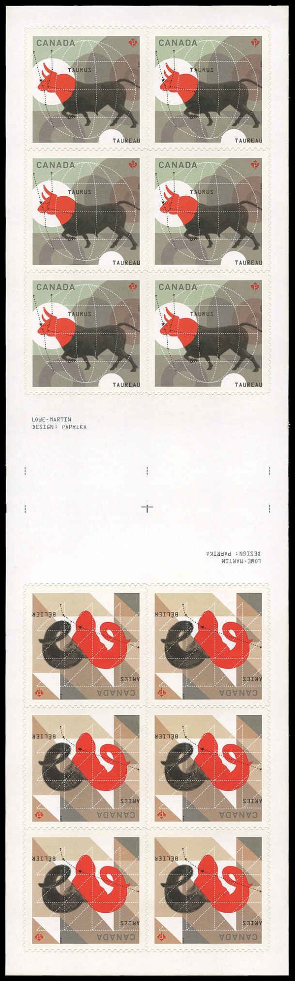 Canada Stamp #2450b - Signs of the Zodiac (2011) 12 x P (59¢) Gutter pane of 12 stamps, 6 x #2449 and 6 x #2450