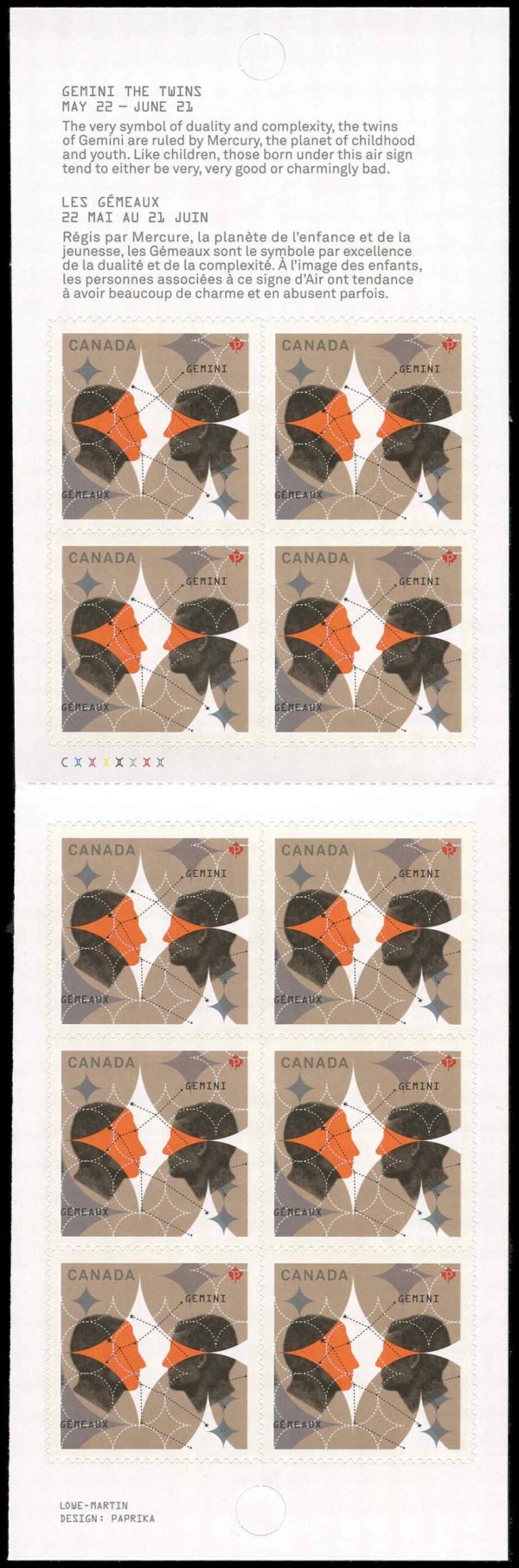 Canada Stamp #2451a - Gemini: The Twins (2011) 10 x P (59¢) Booklet pane of 10 stamps (#2451) (BK456)