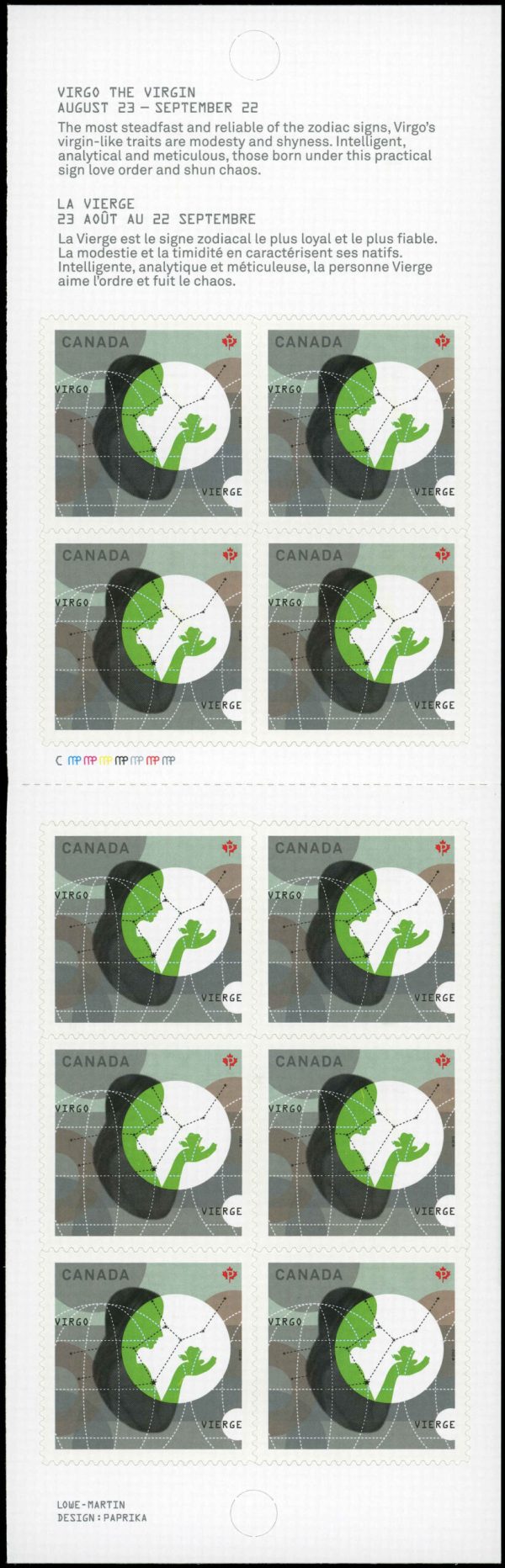 Canada Stamp #2454a - Virgo: The Maiden (2012) 10 x P (61¢) Booklet pane of 10 stamps (#2454) (BK496)
