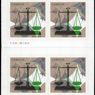 Canada Stamp #2455a - Libra: The Scales (2012) 10 x P (61¢) Booklet pane of 10 stamps (#2455) (BK497)