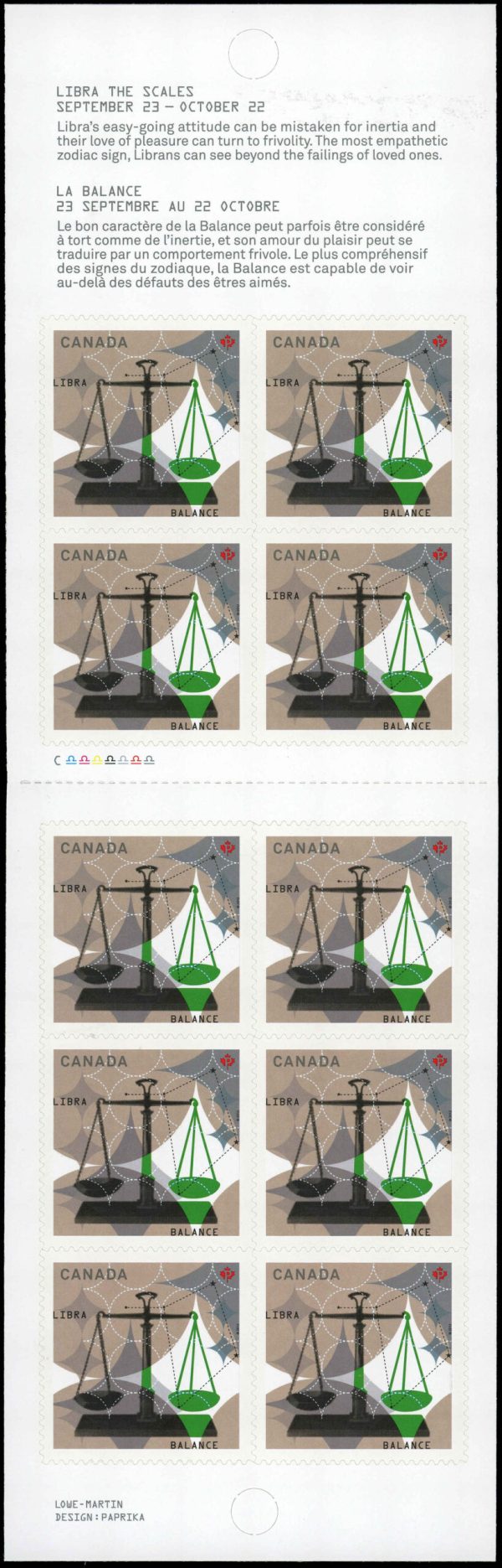 Canada Stamp #2455a - Libra: The Scales (2012) 10 x P (61¢) Booklet pane of 10 stamps (#2455) (BK497)