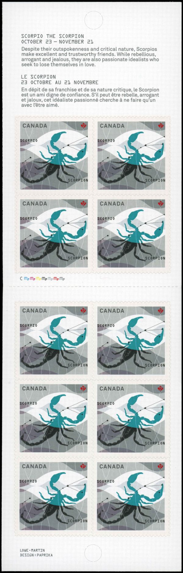 Canada Stamp #2456a - Scorpio: The Scorpion (2012) 10 x P (61¢) Booklet pane of 10 (#2456) (BK498)