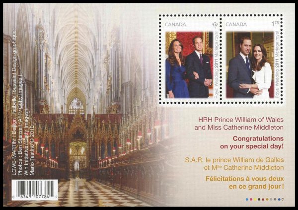 Canada Stamp #2465b - Royal Wedding (2011) $2.34 Souvenir sheet of 2 stamps