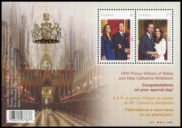 Canada Stamp #2465b - Royal Wedding (2011) $2.34 Souvenir sheet of 2 stamps,Overprinted souvenir sheet of 2