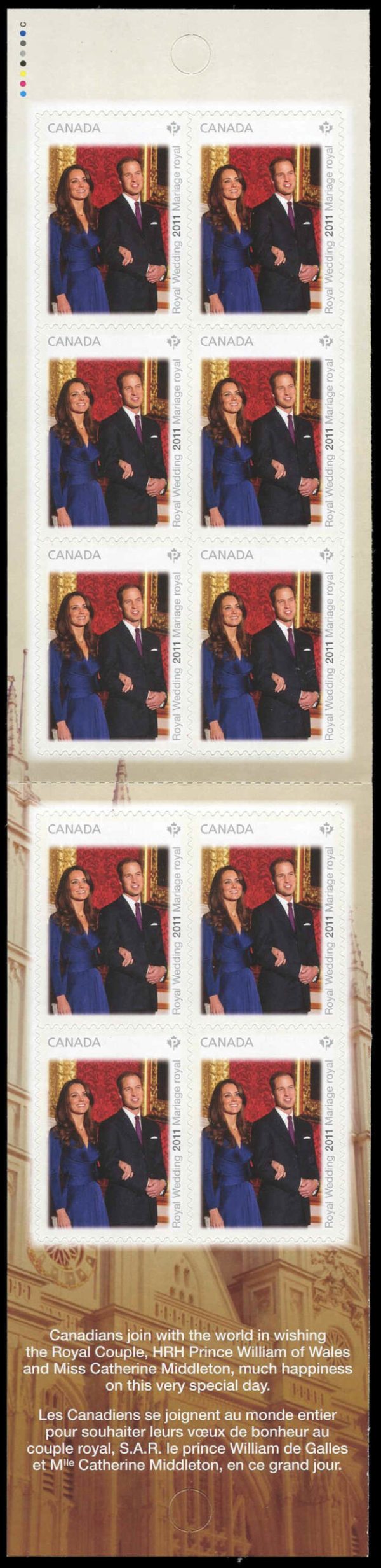 Canada Stamp #2466a - Catherine Middleton and Prince William (2011) 10 x P (59¢) Booklet pane of 10 stamps (#2466) (BK453)