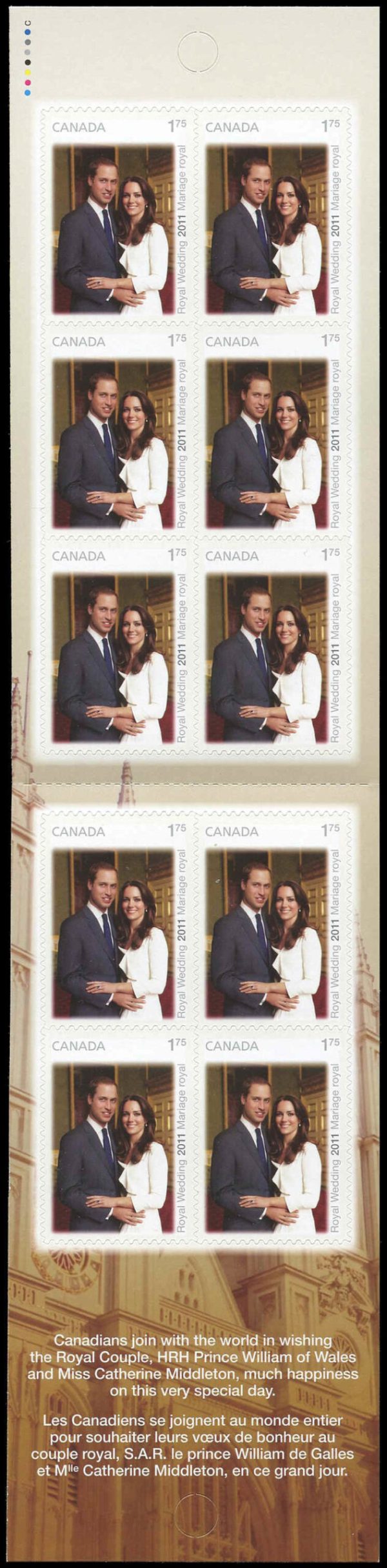 Canada Stamp #2467a (BK454) - Catherine Middleton and Prince William (2011) 10 x $1.75 Booklet pane of 10