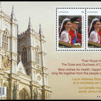 Canada Stamp #2477 - Wedding Day (2011) 2 x P (59¢) Souvenir sheet of 2, with Westminster Abbey at left