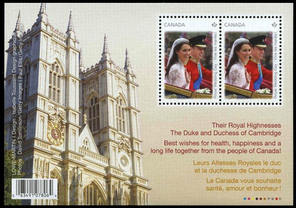 Canada Stamp #2477 - Wedding Day (2011) 2 x P (59¢) Souvenir sheet of 2, with Westminster Abbey at left