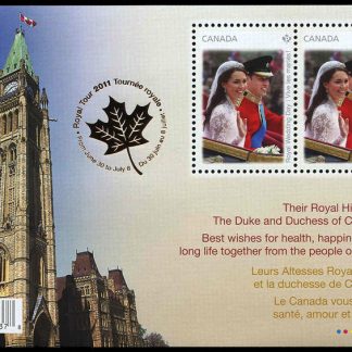 Canada Stamp #2477b - Wedding Day (2011) 2 x P(59¢) Souvenir sheet of 2, with Canada's Parliament Building at left and Royal Tour emblem overprint
